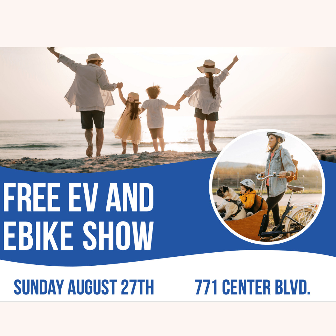 Family of four on beach and woman with e-bike E-Bike EV Show