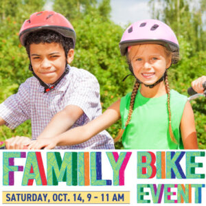 Two kids with helmets and bike for Family Bike Event - Sat Oct 14