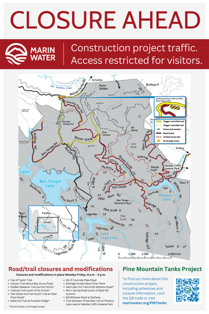 Map of trail closures on Mt. Tam Watershed
