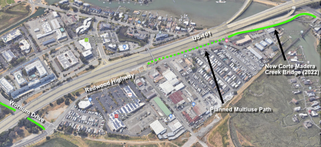 Aerial image showing existing and planned pathways south of Larkspur Ferry