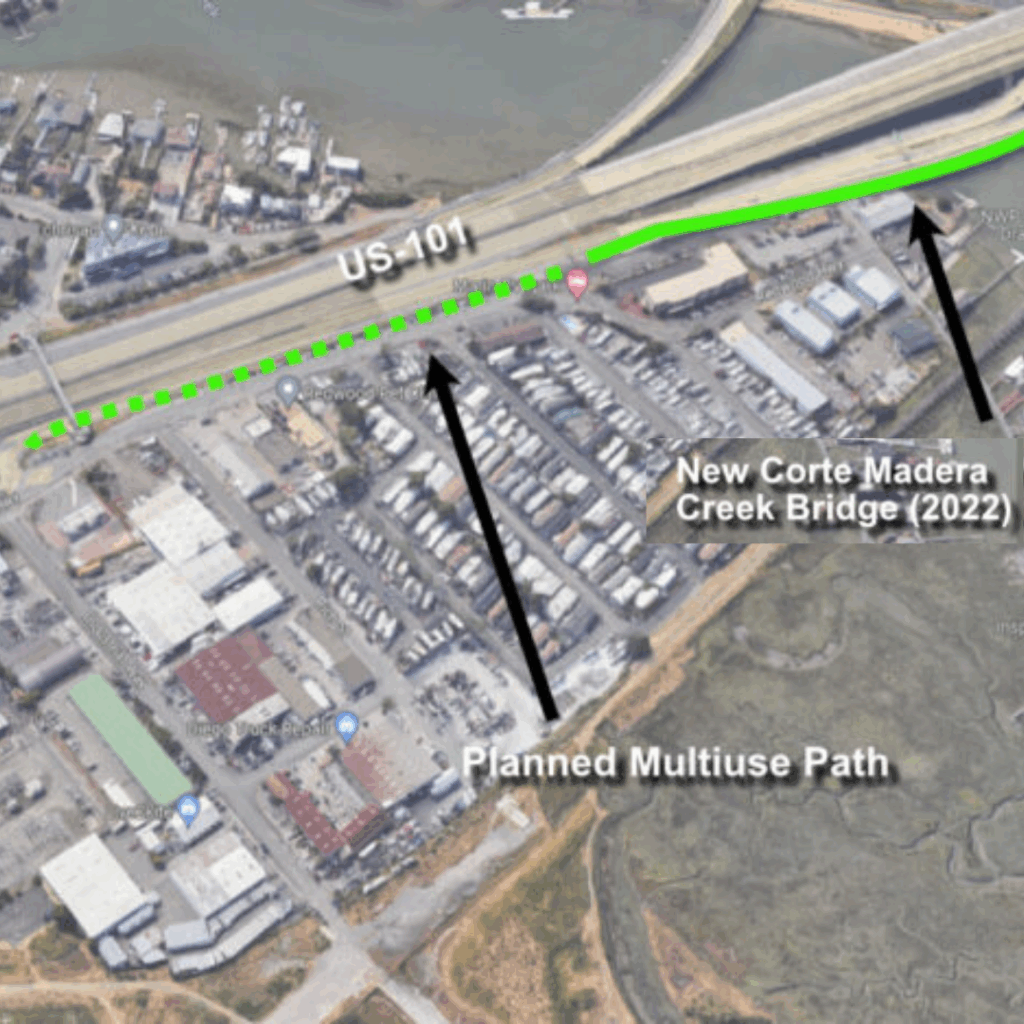 Aerial view showing the US-101 freeway with a highlighted planned multiuse path connecting to the new Corte Madera Creek Bridge built in 2022