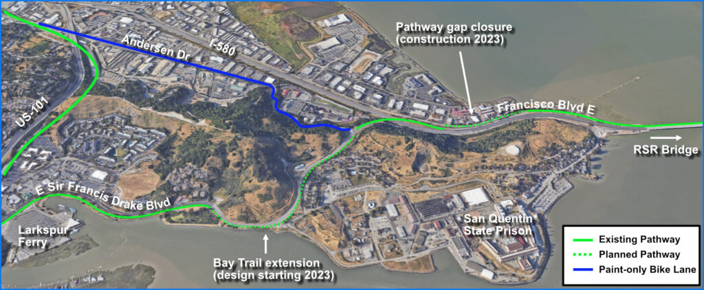 Aerial of the Marin landing of the RSR Bridge showing existing and planned connections