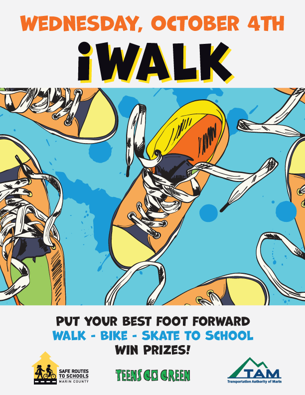 iWalk poster with orange shoes and blue background