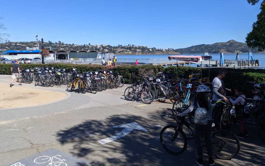 Bikes parked along waterfront in front of Sausalito ferry docks