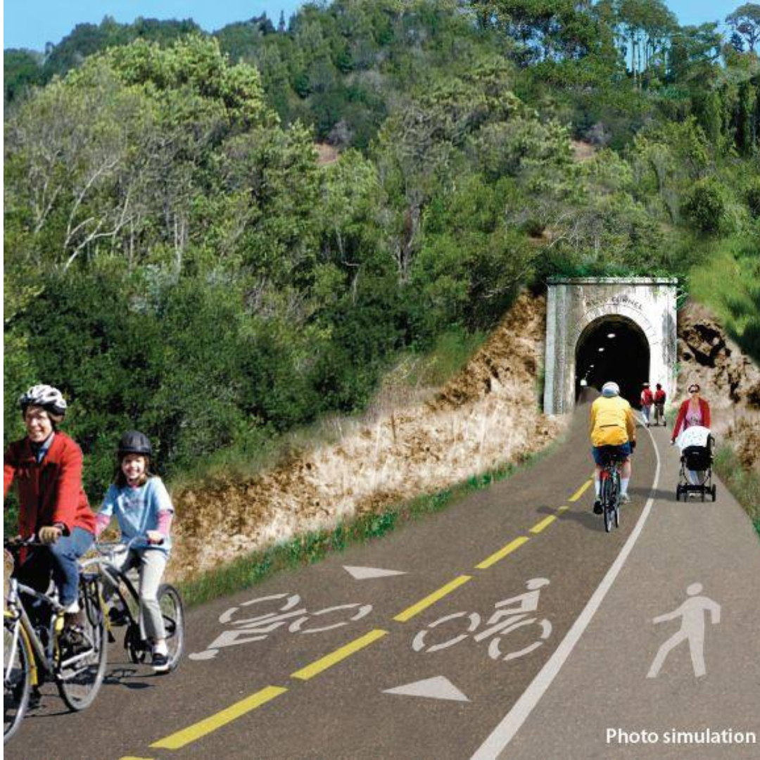 Rendering of proposed Alto Tunnel multiuse path with people biking and walking between Corte Madera and Mill Valley