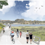 Rendering of a multiuse path at Bothin Marsh with people walking and biking along the shoreline.