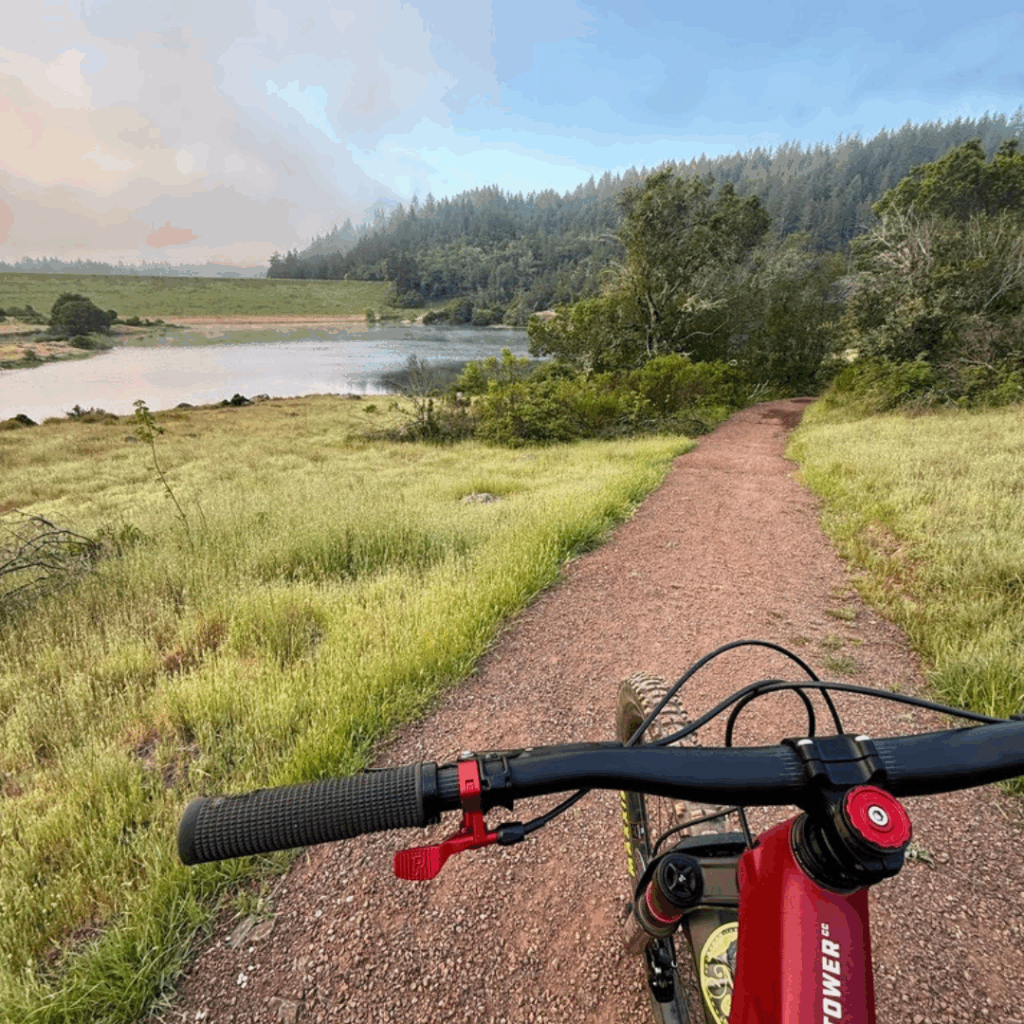 Cyclist view from handlebars on red dirt Mt Tam watershed Trail toward reservoir