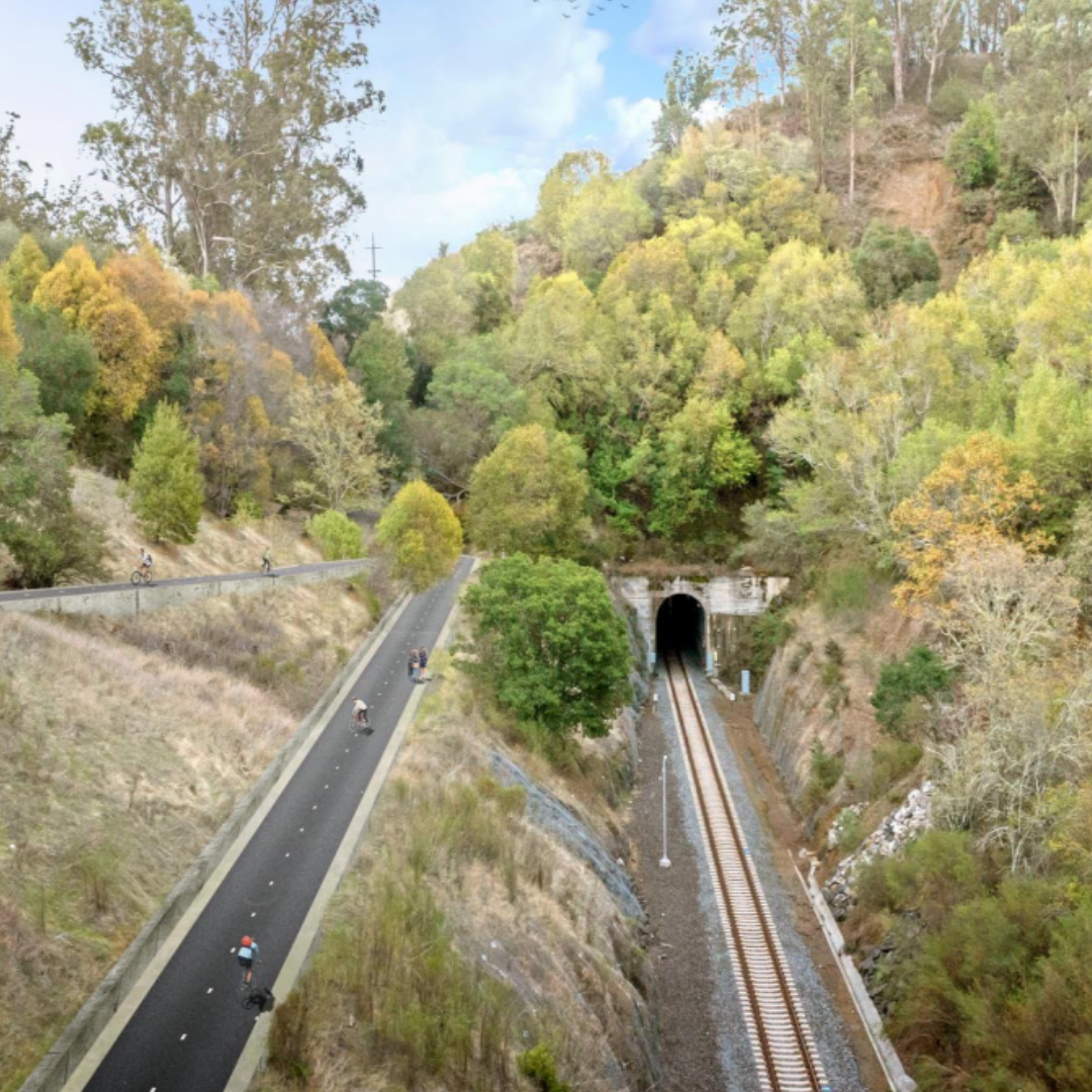 Rendering of Puerto Suello Pathway showing new multiuse path alongside SMART rail tunnel.