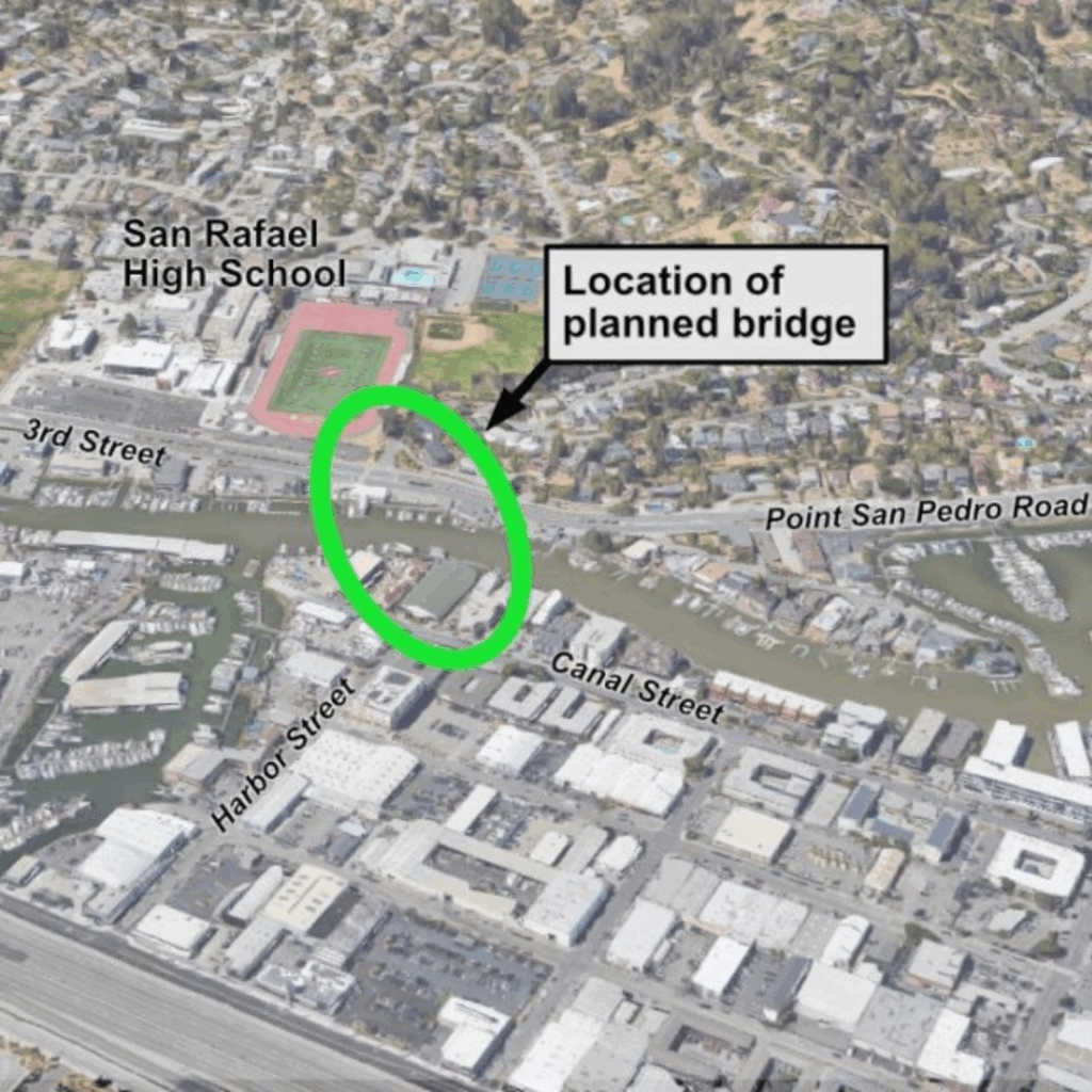 Aerial view showing planned bridge location near 3rd Street, Canal Street, and Harbor Street.