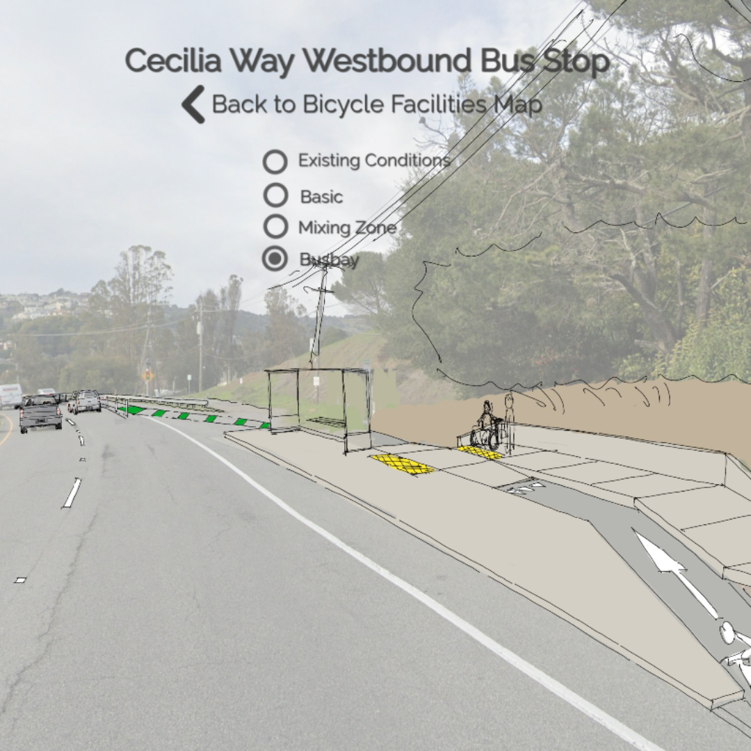Cecilia Way bus stop with proposed protected bikeway on Tiburon Boulevard.