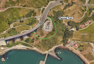 Aerial map of planned Vista Point trail linking Golden Gate Bridge overlook to Fort Baker