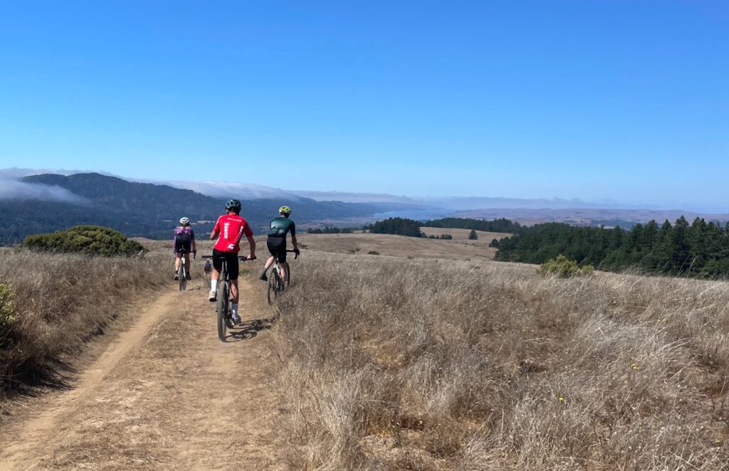 RIders on Bolinas Ridge Trail with views of Tomales Bay in the distance