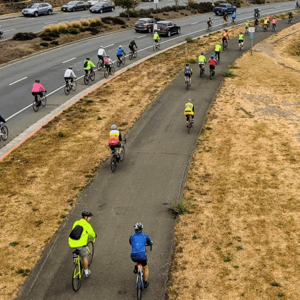 Arerial view of riders on bike path in larkspur