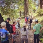 Group of people walking and discussing proposed Easy Grade Trail change on Mount Tam