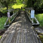 Wooden footbridge at Olompali State Historic Park with no biking sign posted.