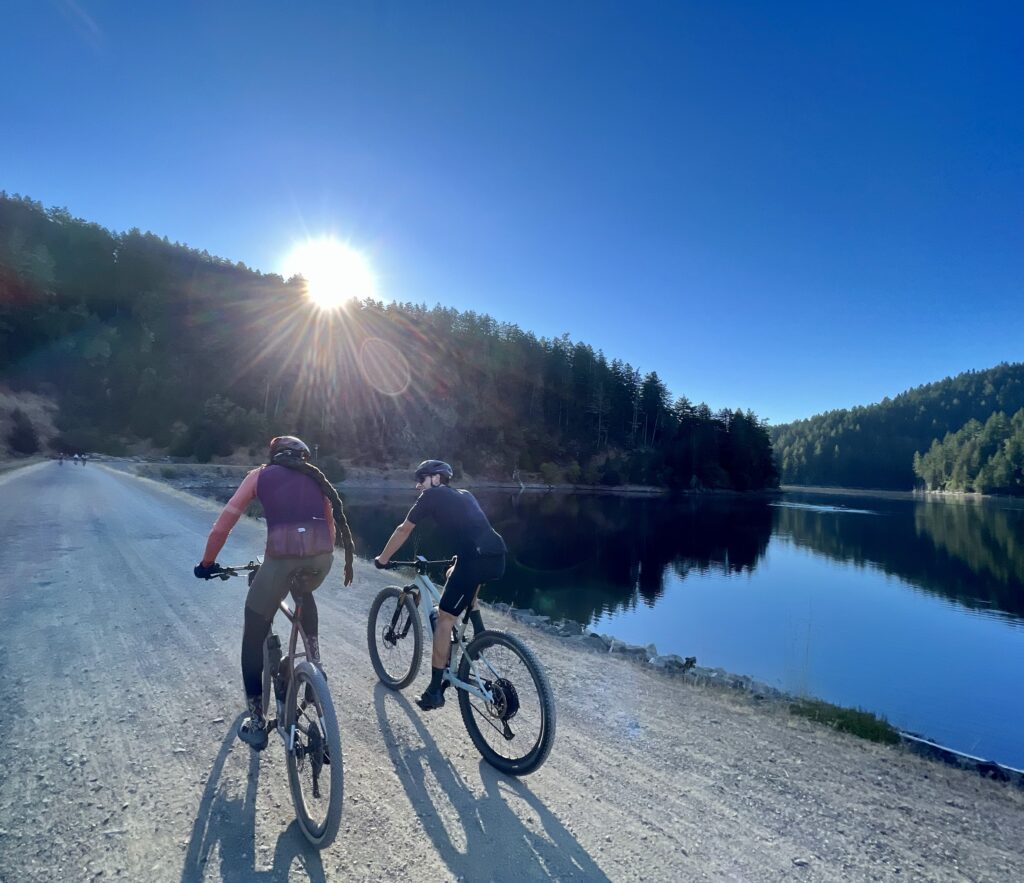 two mountain bikers in Marin Water District lake