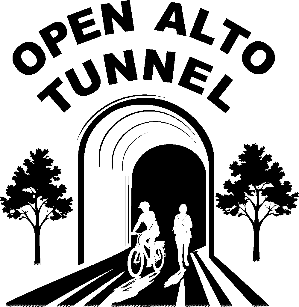 Open Alto Tunnel Logo with tunnel and trees and biker and walker in black-white drawing