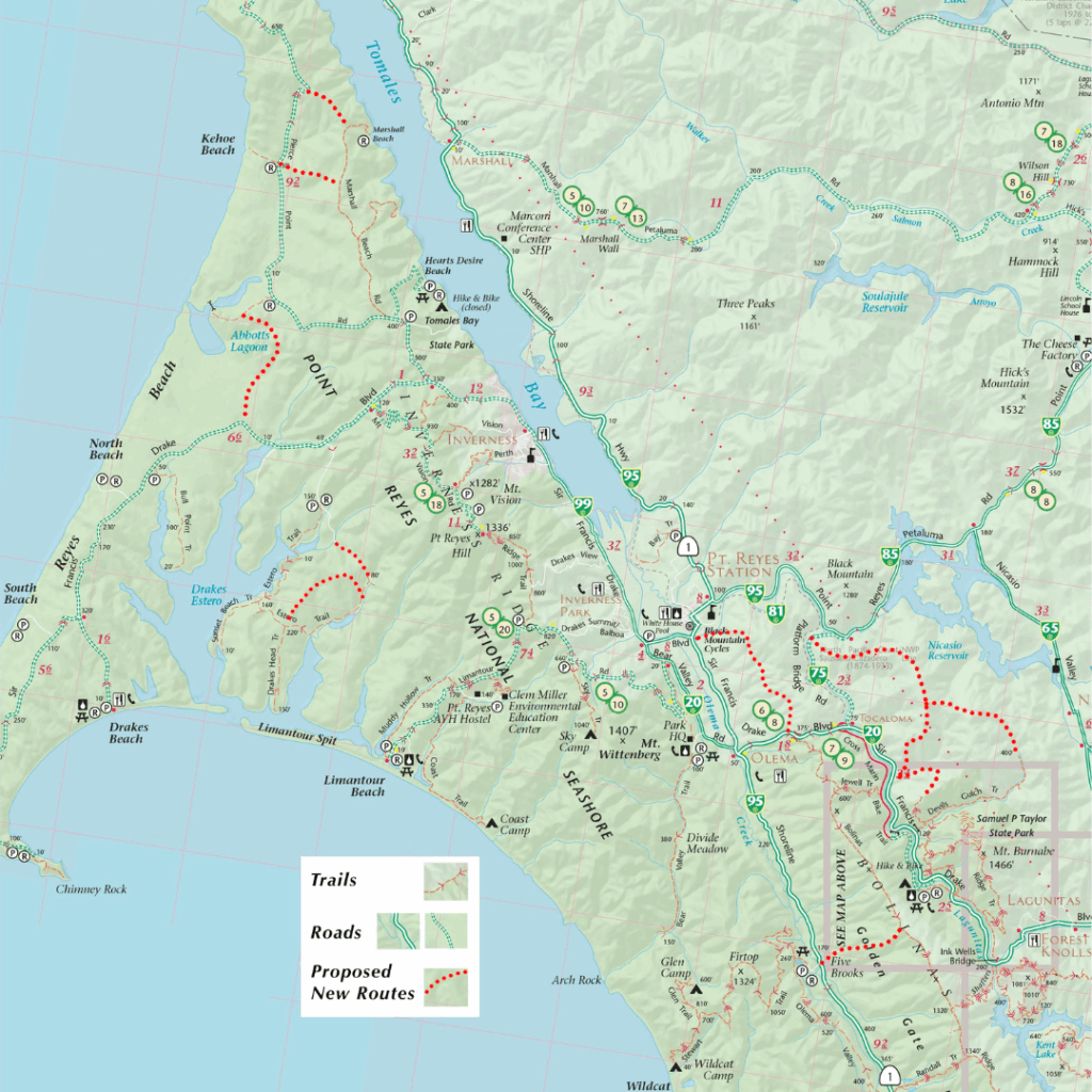 Map of Point Reyes National Seashore showing trails, roads, and proposed new bike routes