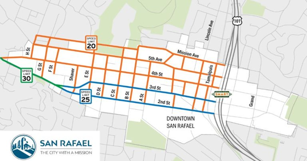 Newly lowered speed limits in Downtown San Rafael