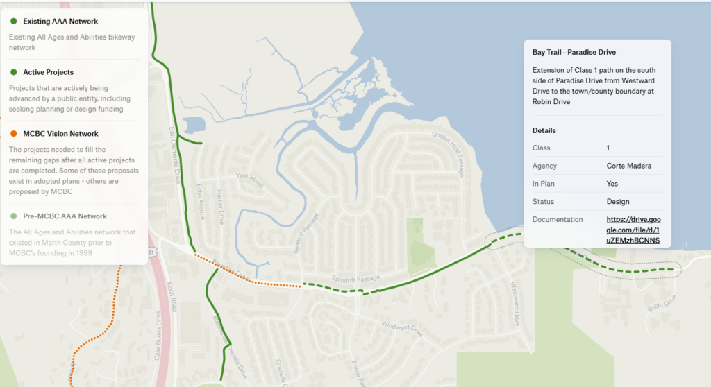 Image of countywide project tracker, showing the Paradise Drive Complete Streets project in east Corte Madera